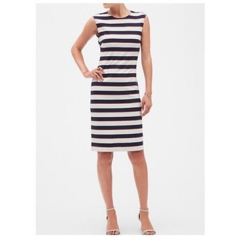 Banana Republic STRIPE SHEATH DRESS Color: White/Navy/Red Tweed Stripe Size 0
